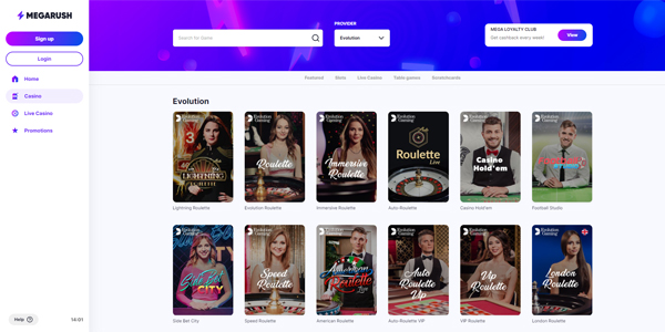 megarush live casino sectie