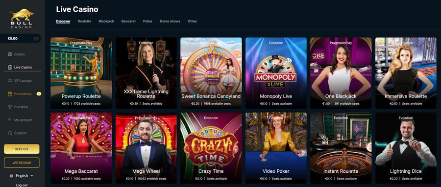 Bull Casino has a great selection of live casino games