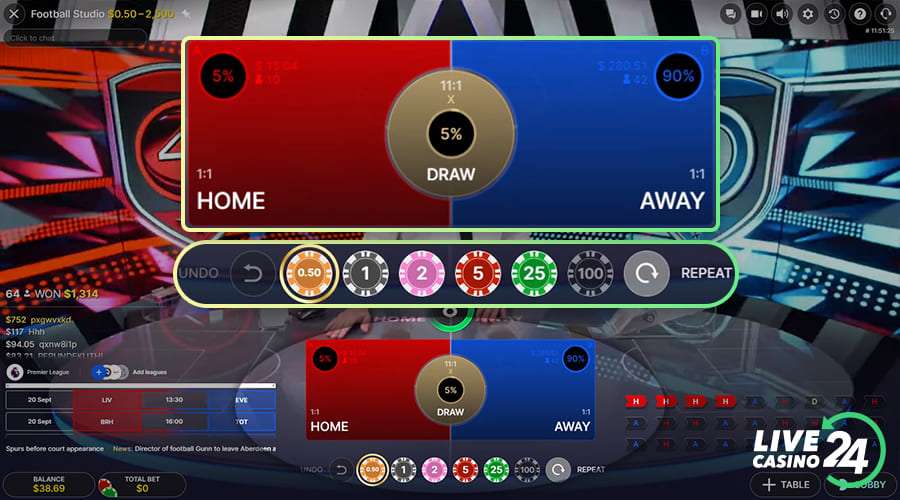 Third step in playing Football Studio casino game