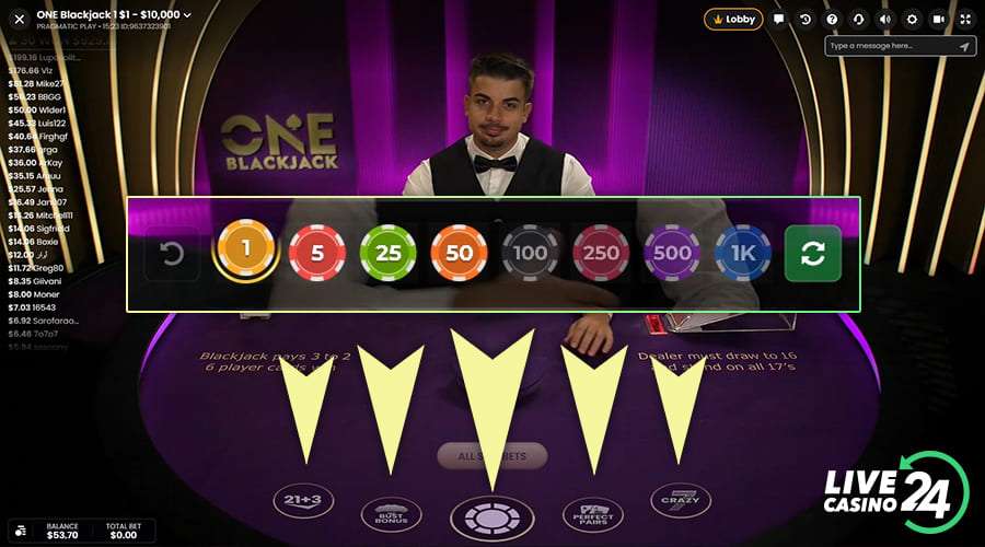 Second step in playing ONE Blackjack live casino game