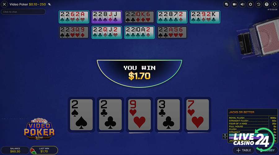Sixth step in playing Video Poker live casino game