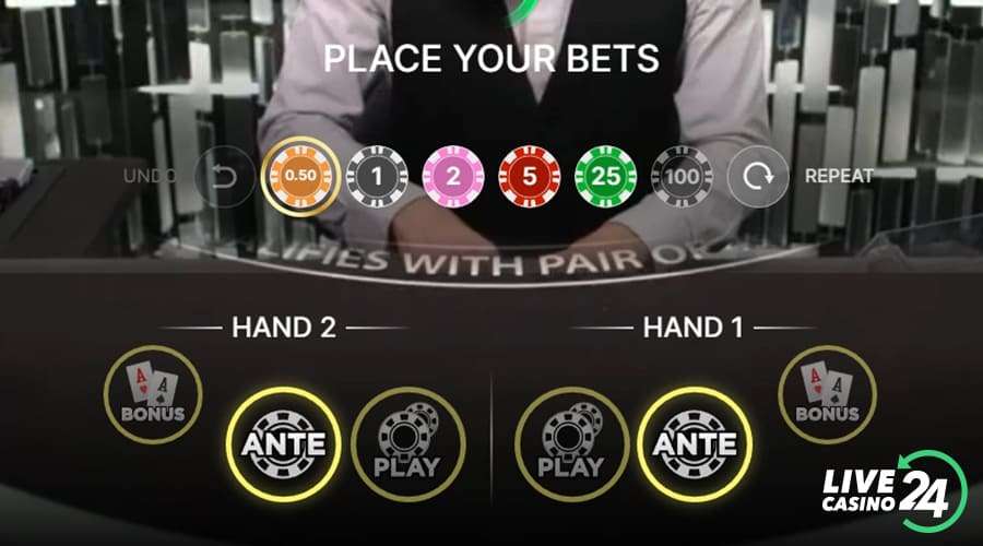 First step in playing 2 Hand Casino Hold'em live poker