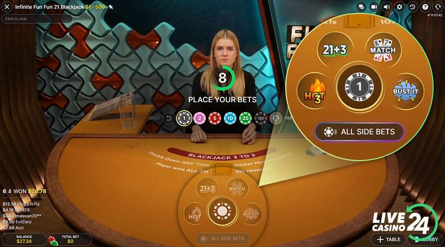 First step in playing Infinite Fun Fun 21 Blackjack live
