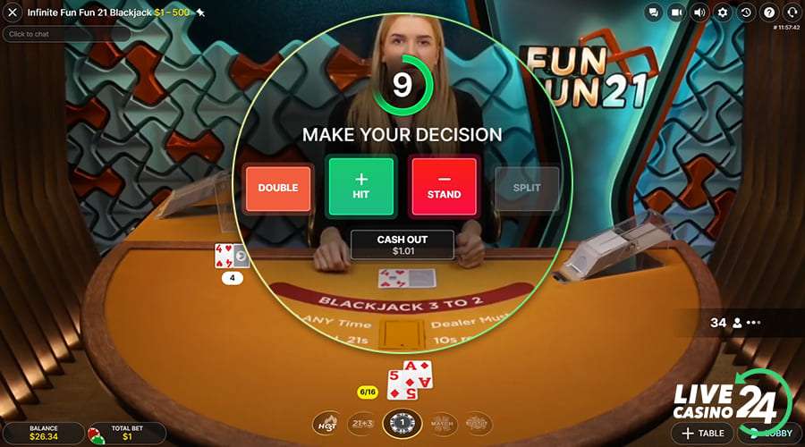Third step in playing Infinite Fun Fun 21 Blackjack live