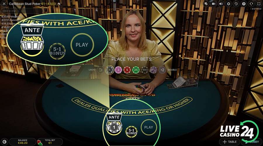 First step in playing Caribbean Stud Poker live game