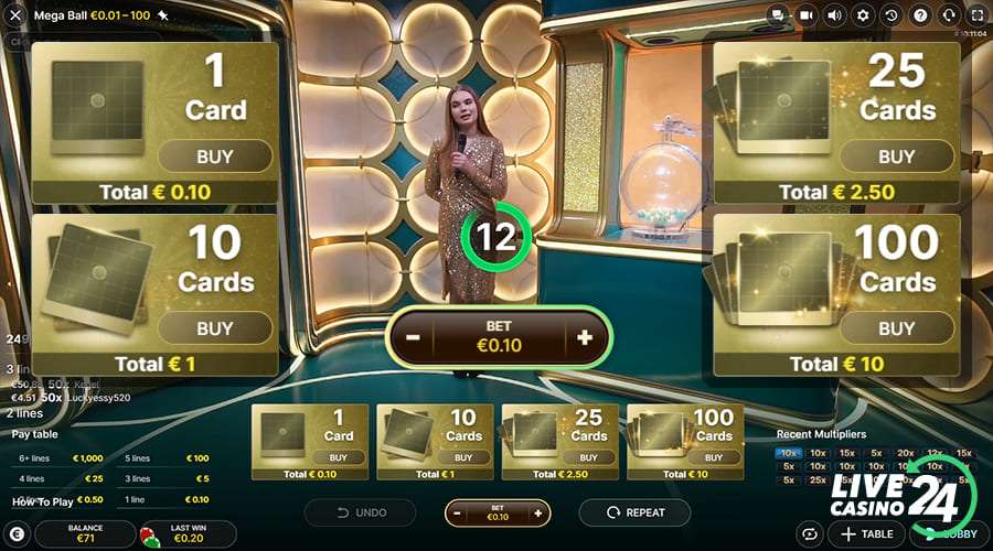 Second step in playing Mega Ball live casino game