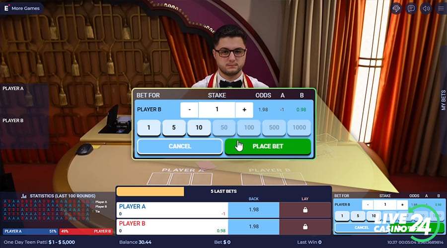 Second step in playing One Day Teen Patti casino game