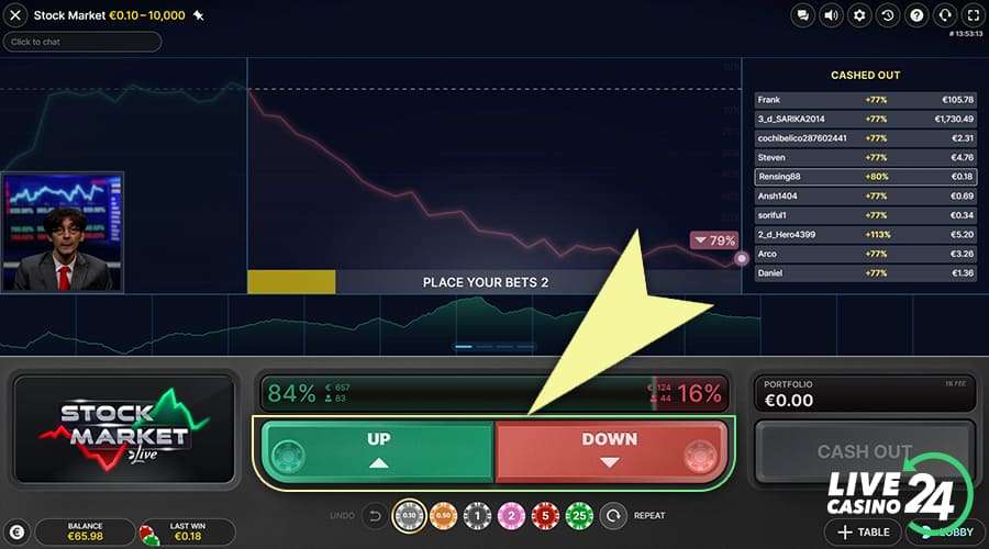 First step in playing Stock Market live casino game