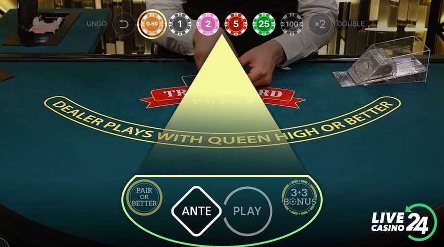 First step in playing Triple Card Poker live casino game