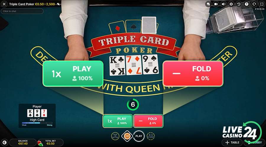Third step in playing Triple Card Poker live casino game