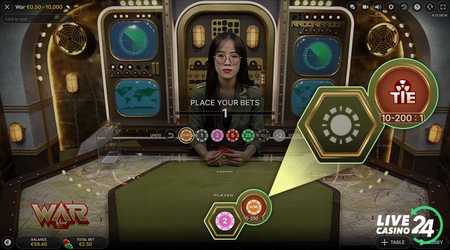 First step in playing War live casino game