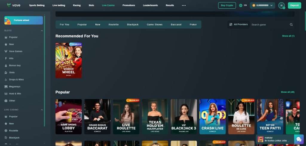 live casino lobby at vave casino