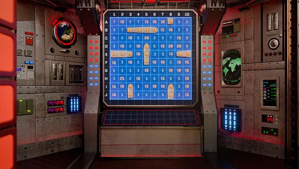 Schiffe versenken Bonusspiel in Evolution Game Night Live, das ein Seeschlacht-Raster mit versteckten Schiffen und Multiplikatoren zeigt.