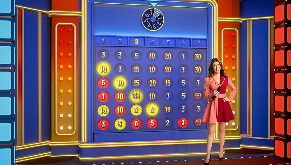 Vier Gewinnt Bonusspiel in Evolution Game Night Live, mit einem bunten Raster mit Multiplikatoren, roten und gelben Scheiben und einem Live-Präsentator