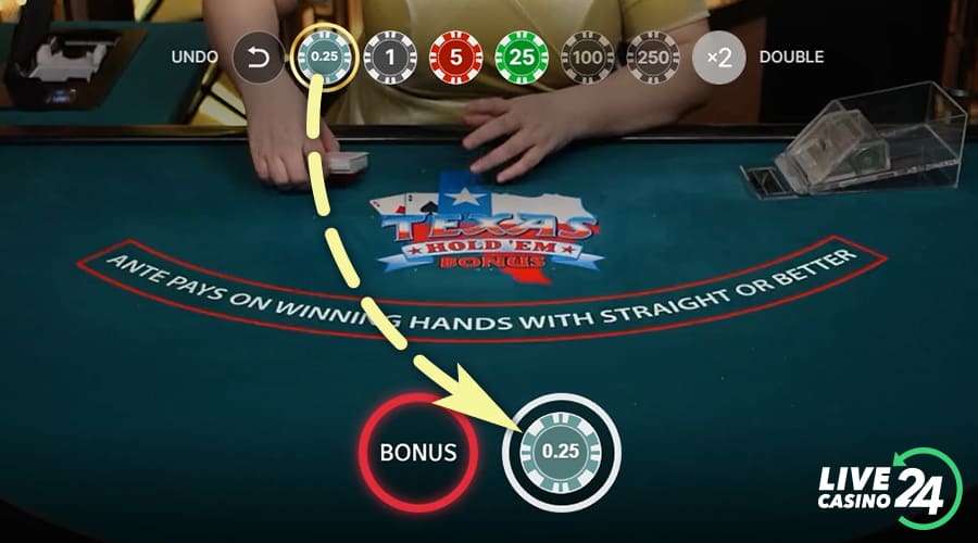 First step in playing Texas Hold’em Bonus Poker casino game