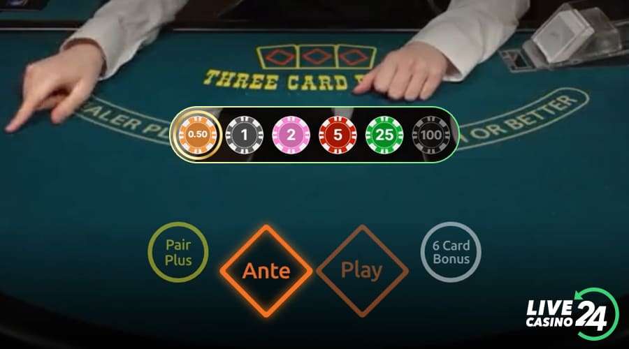 First step in playing three card poker live casino game
