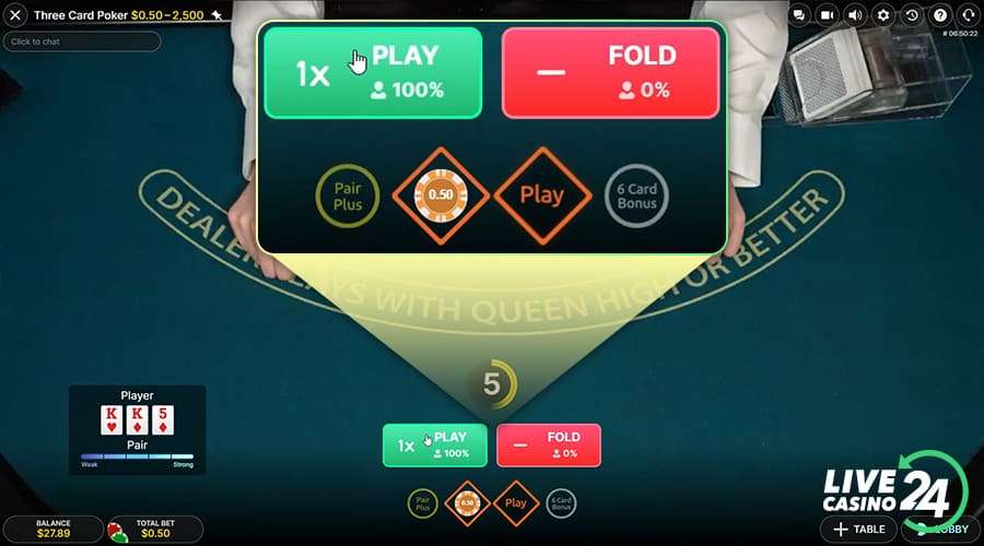 Fourth step in playing three card poker live casino game