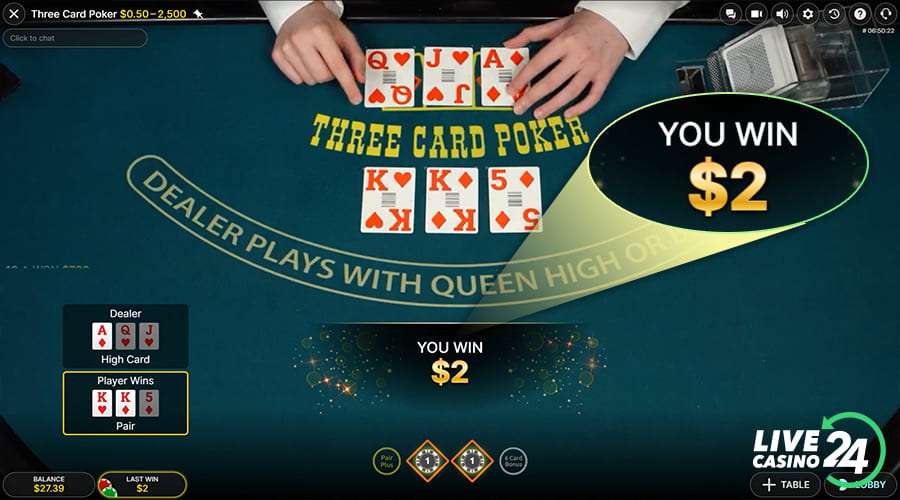Sixth step in playing three card poker live casino game