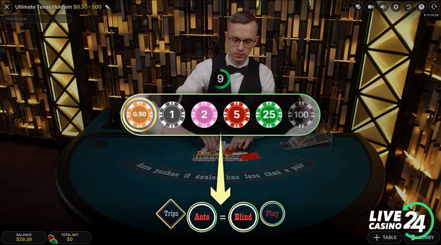 First step in playing Ultimate Texas Hold’em live casino game