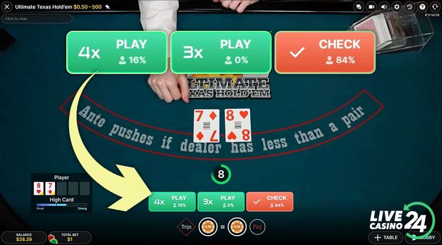 Third step in playing Ultimate Texas Hold’em live casino game