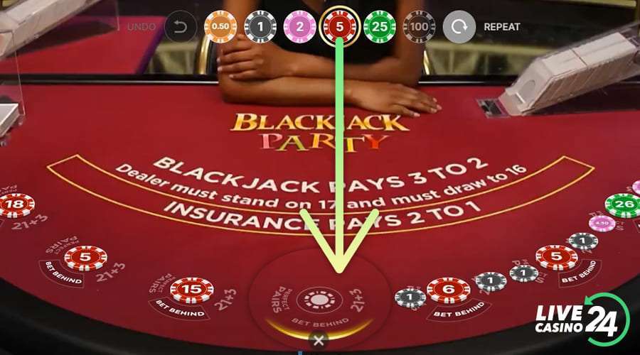 Tweede stap bij het spelen van het Blackjack Party live casinospel
