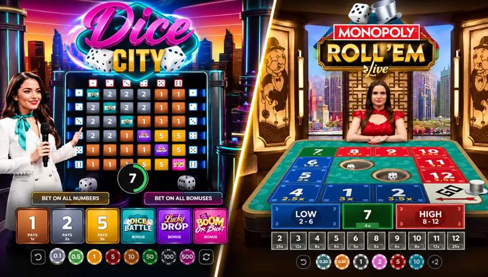 Interfaces de apostas de cassino ao vivo de Dice City vs MONOPOLY Roll 'em
