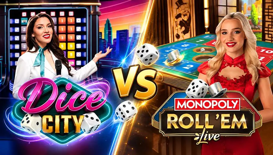 Dice City vs Monopoly Roll em header livecasino24