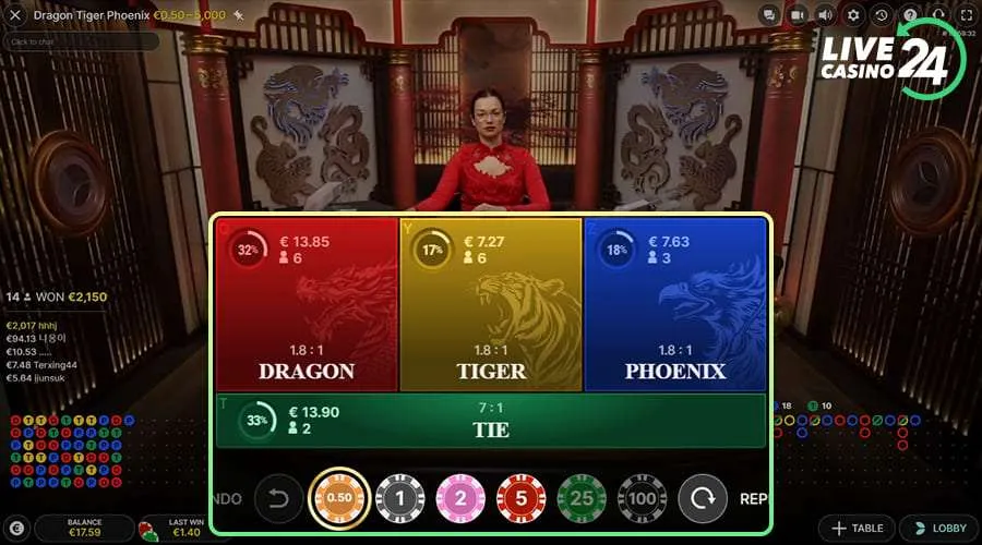 Primeiro passo para jogar o jogo com crupiê ao vivo “ Dragon Tiger Phoenix ”