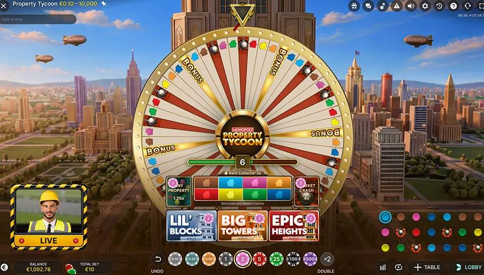 MONOPOLY Property Tycoon by Evolution showing the virtual wheel, betting options and three bonus games
