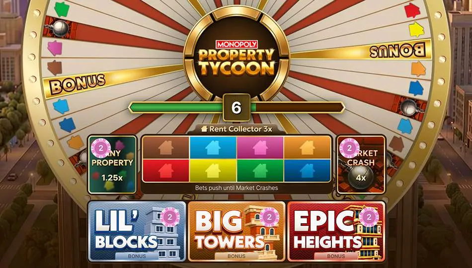 MONOPOLY Property Tycoon betting options showing eight property colours, Any Property, Market Crash and three bonus games.
